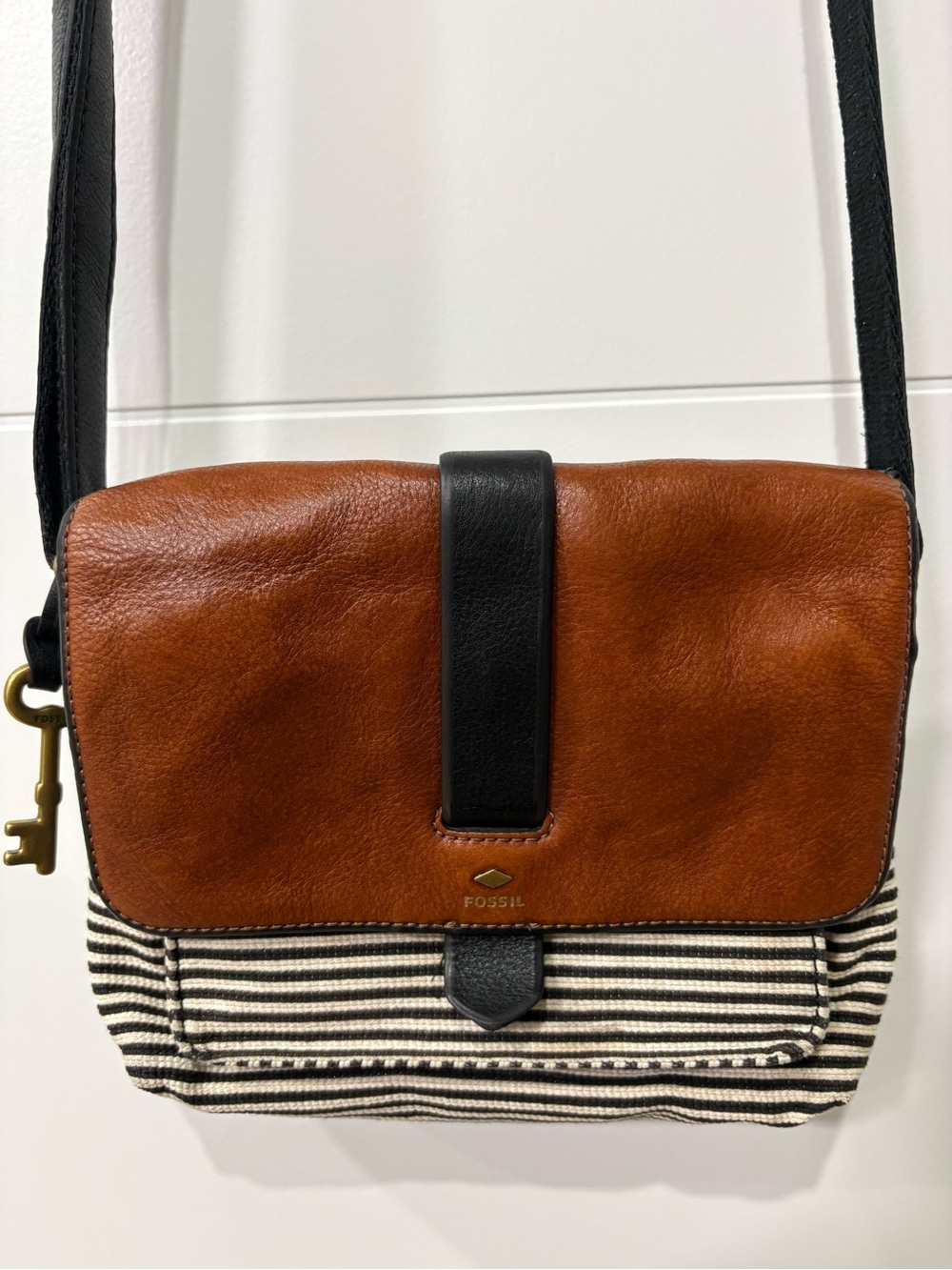 Fossil Brown Leather & Black-Trim Striped Crossbody
